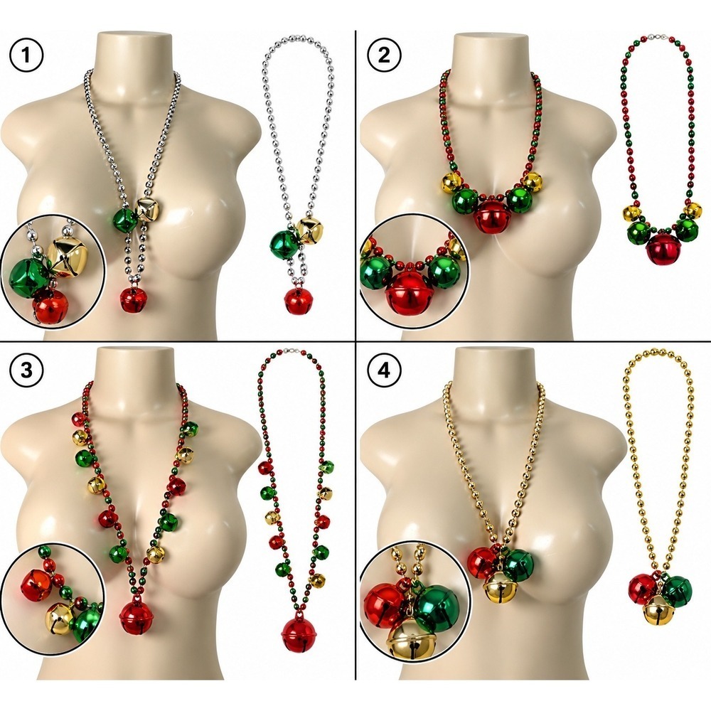 Christmas Jingle Bell Necklace Beaded Holiday Party Jewelry Red Green Gold OS